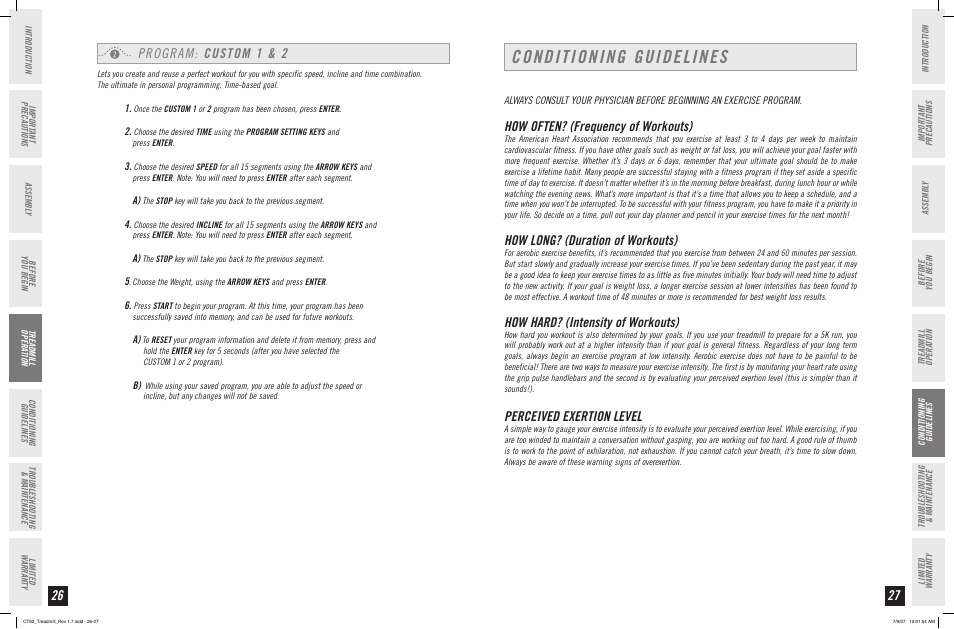 Conditioning guidelines, Program: custom 1 & 2, How often? (frequency of workouts) | How long? (duration of workouts), How hard? (intensity of workouts), Perceived exertion level | Horizon Fitness CT83 User Manual | Page 14 / 19