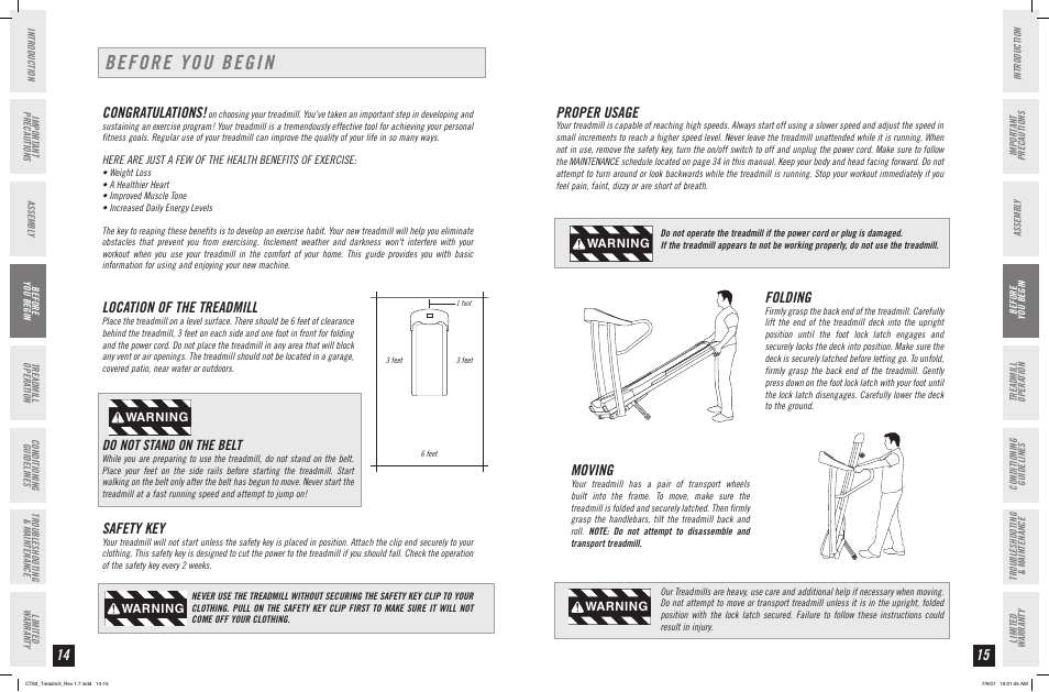 Before you begin, Location of the treadmill, Safety key | Proper usage, Folding, Moving, Do not stand on the belt, Warning | Horizon Fitness CT83 User Manual | Page 8 / 19