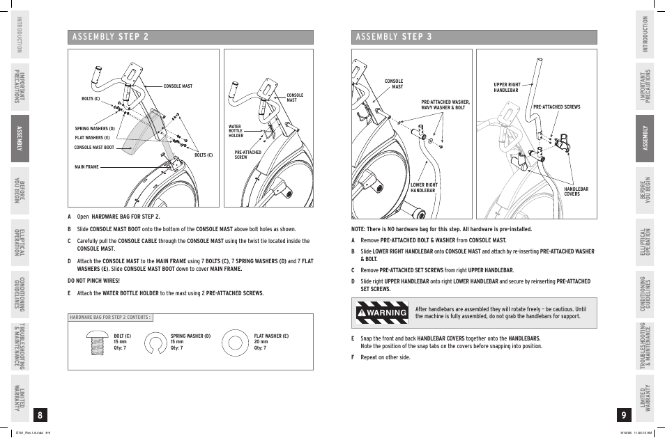 Assembly step 2, Assembly step, Warning | Horizon Fitness E701 User Manual | Page 5 / 17