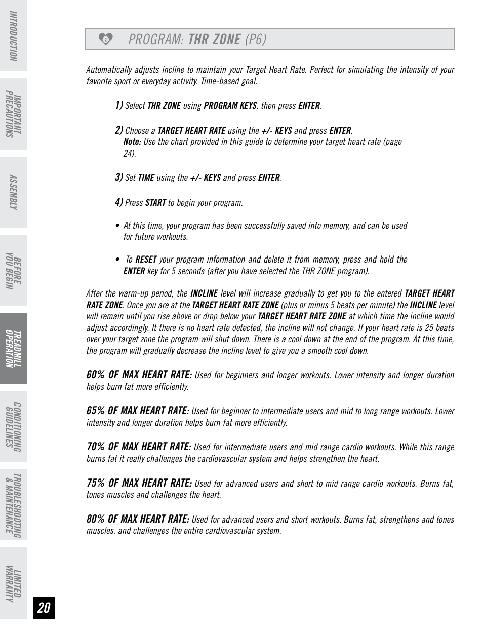 Program: thr zone (p6), 60% of max heart rate, 65% of max heart rate | 0% of max heart rate, 5% of max heart rate | Horizon Fitness RST5.6 User Manual | Page 20 / 32