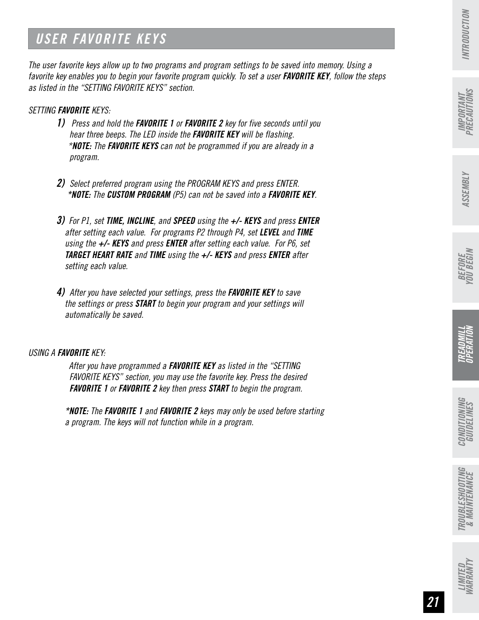 User favorite keys | Horizon Fitness RST5.6 User Manual | Page 21 / 32