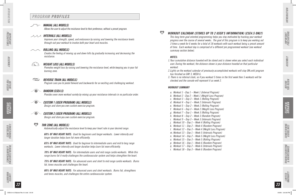 Program profiles, Manual (all models), Intervals (all models) | Rolling (all models), Weight loss (all models), Reverse train (all models), Random (cse4.5), Custom 1 (user program) (all models), Custom 2 (user program) (all models), Thr zone (all models) | Horizon Fitness CLUB SERIES CSE 3.5 User Manual | Page 12 / 19