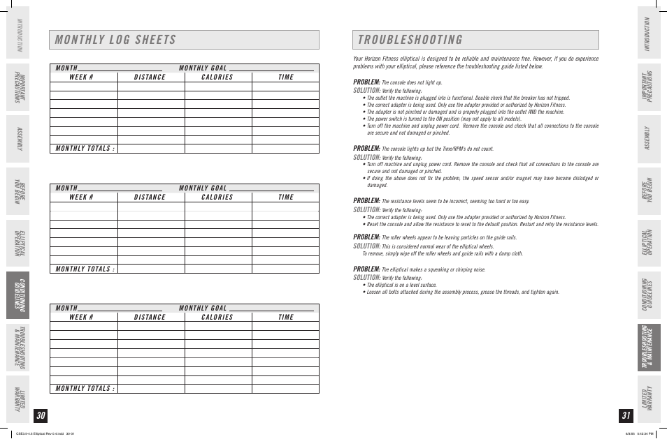 Monthly log sheets, Troubleshooting | Horizon Fitness CLUB SERIES CSE 3.5 User Manual | Page 16 / 19