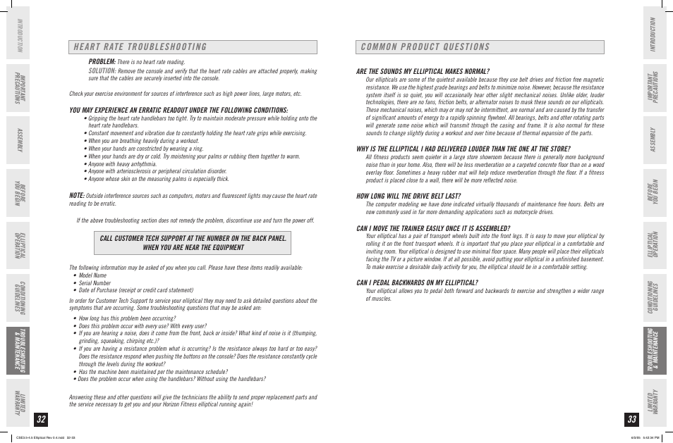 Heart rate troubleshooting, Common product questions | Horizon Fitness CLUB SERIES CSE 3.5 User Manual | Page 17 / 19