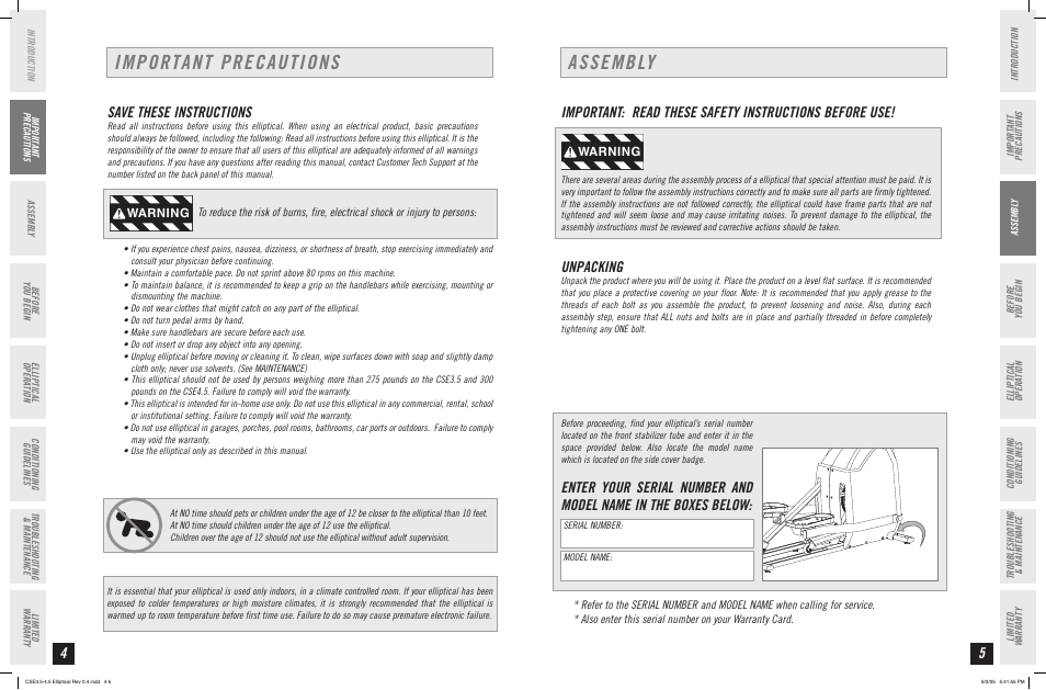 Important precautions, Assembly, Save these instructions | Unpacking, Warning | Horizon Fitness CLUB SERIES CSE 3.5 User Manual | Page 3 / 19