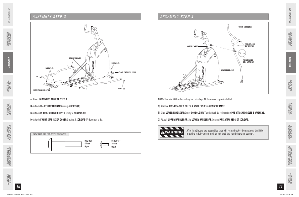 Assembly step 3, Assembly step 4, Warning | Horizon Fitness CLUB SERIES CSE 3.5 User Manual | Page 6 / 19