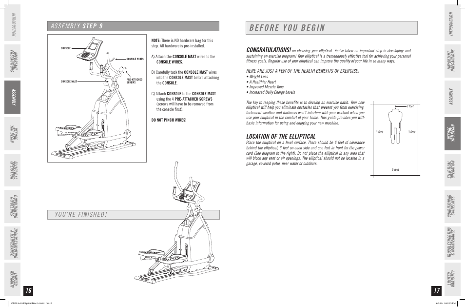 Before you begin, You’re finished! assembly step 9, Location of the elliptical | Horizon Fitness CLUB SERIES CSE 3.5 User Manual | Page 9 / 19