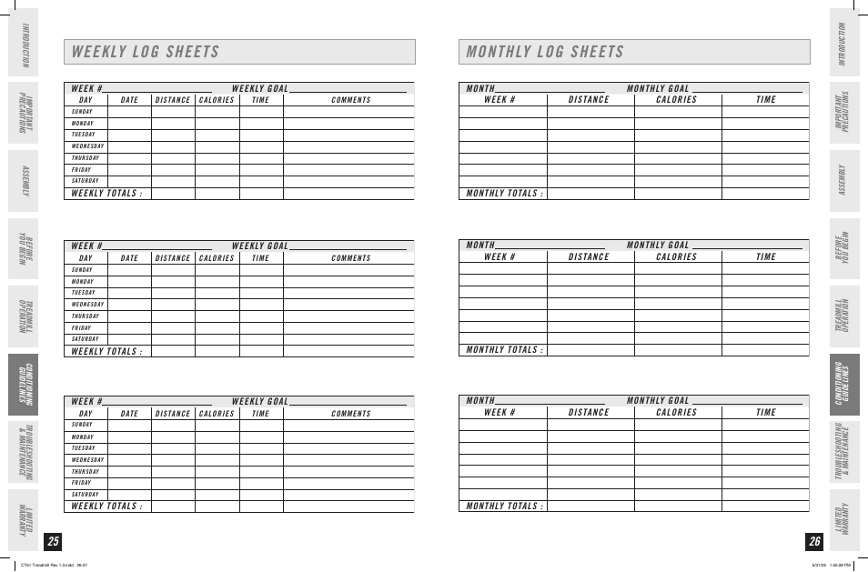 Weekly log sheets, Monthly log sheets | Horizon Fitness CT61 User Manual | Page 14 / 17