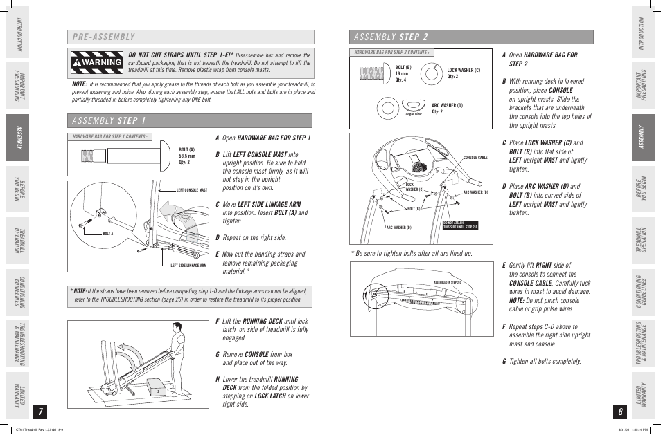 8assembly step 2, Pre-assembly, Assembly step 1 | Warning | Horizon Fitness CT61 User Manual | Page 5 / 17