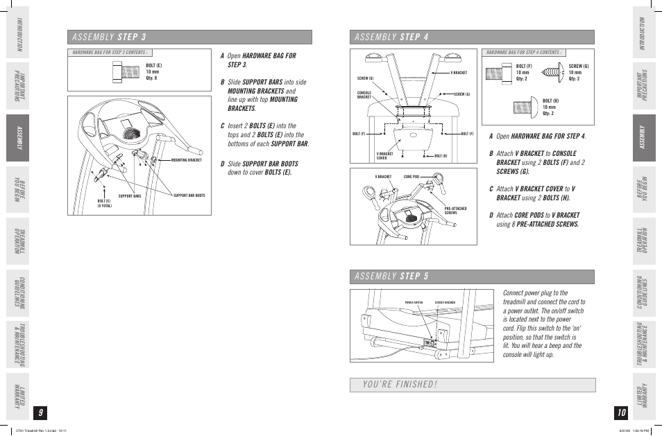 Assembly step 3, Assembly step 4 you’re finished, Assembly step 5 | Horizon Fitness CT61 User Manual | Page 6 / 17