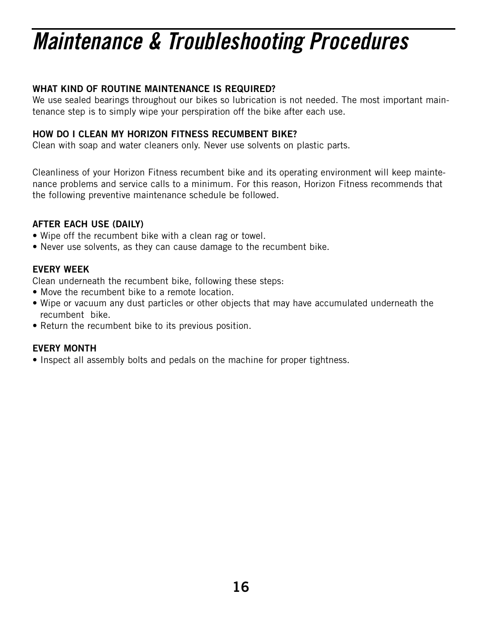 Maintenance & troubleshooting procedures | Horizon Fitness HZ SERIES R51 User Manual | Page 16 / 30