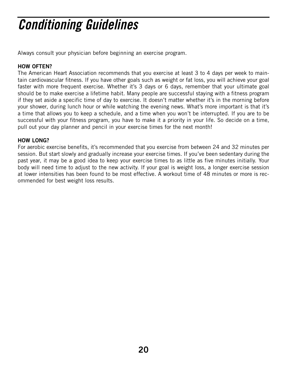 Conditioning guidelines | Horizon Fitness HZ SERIES R51 User Manual | Page 20 / 30