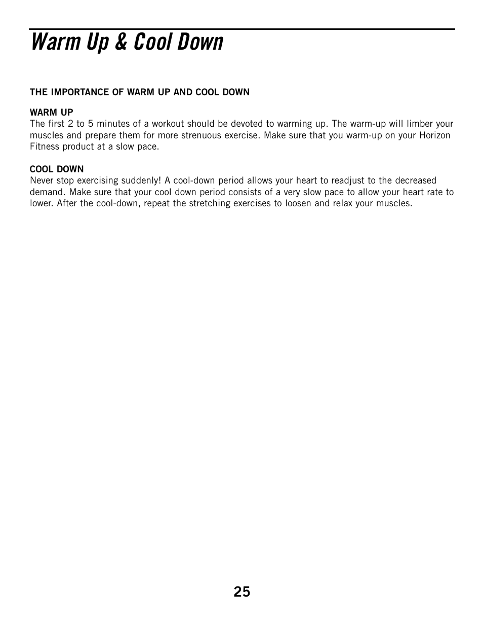 Warm up & cool down | Horizon Fitness HZ SERIES R51 User Manual | Page 25 / 30