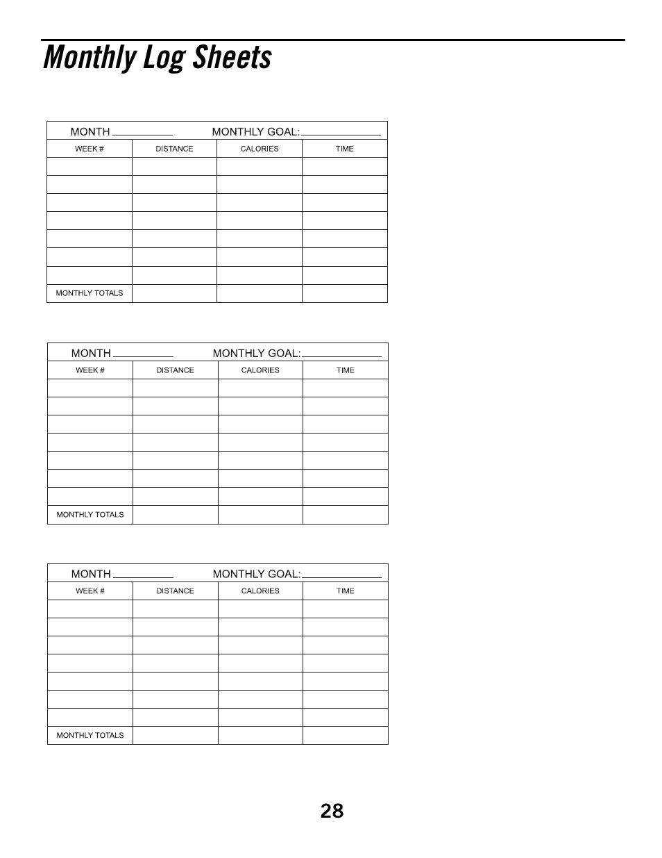 Monthly log sheets | Horizon Fitness HZ SERIES R51 User Manual | Page 28 / 30