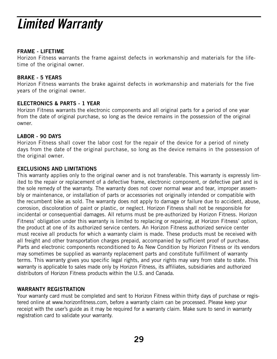 Limited warranty | Horizon Fitness HZ SERIES R51 User Manual | Page 29 / 30