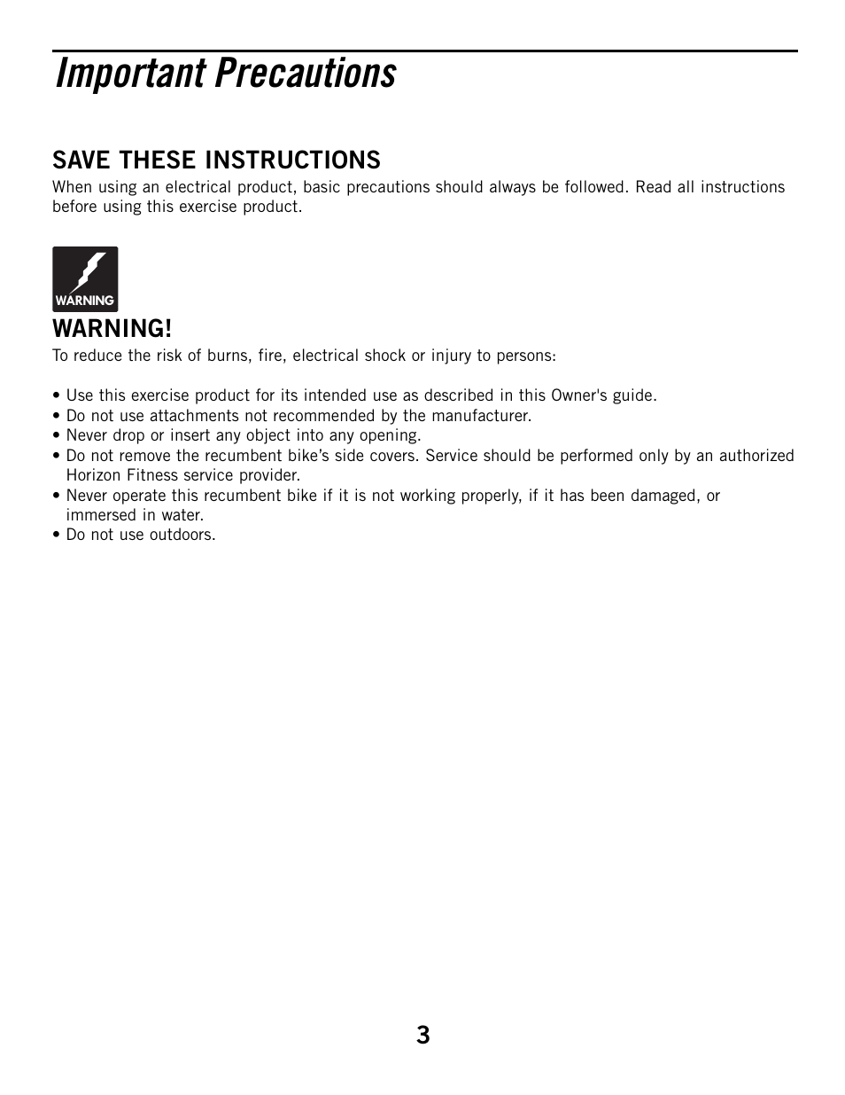Important precautions, Save these instructions, Warning | Horizon Fitness HZ SERIES R51 User Manual | Page 3 / 30