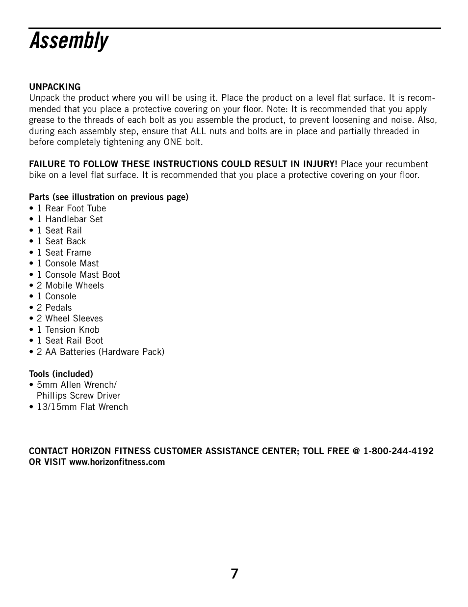 Assembly | Horizon Fitness HZ SERIES R51 User Manual | Page 7 / 30
