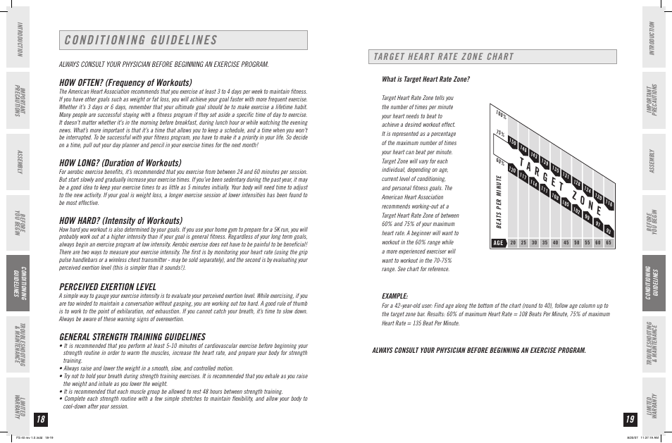 Conditioning guidelines, How often? (frequency of workouts), How long? (duration of workouts) | How hard? (intensity of workouts), Perceived exertion level, General strength training guidelines, Target heart rate zone chart | Horizon Fitness FS 40 User Manual | Page 10 / 15