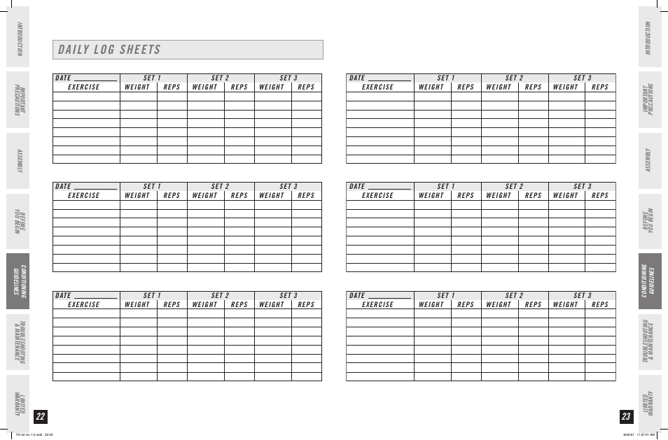 Daily log sheets | Horizon Fitness FS 40 User Manual | Page 12 / 15