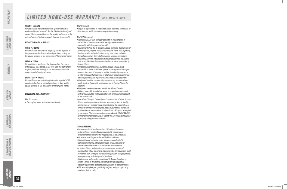 Limited home-use warranty | Horizon Fitness FS 40 User Manual | Page 14 / 15