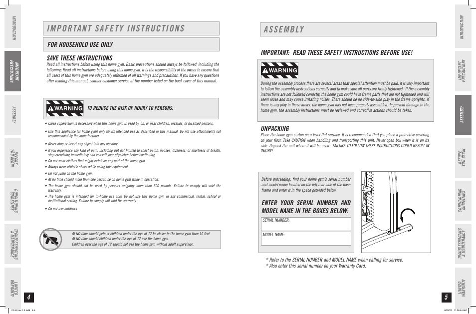 Important safety instructions, Assembly, Save these instructions | For household use only, Unpacking, Warning | Horizon Fitness FS 40 User Manual | Page 3 / 15
