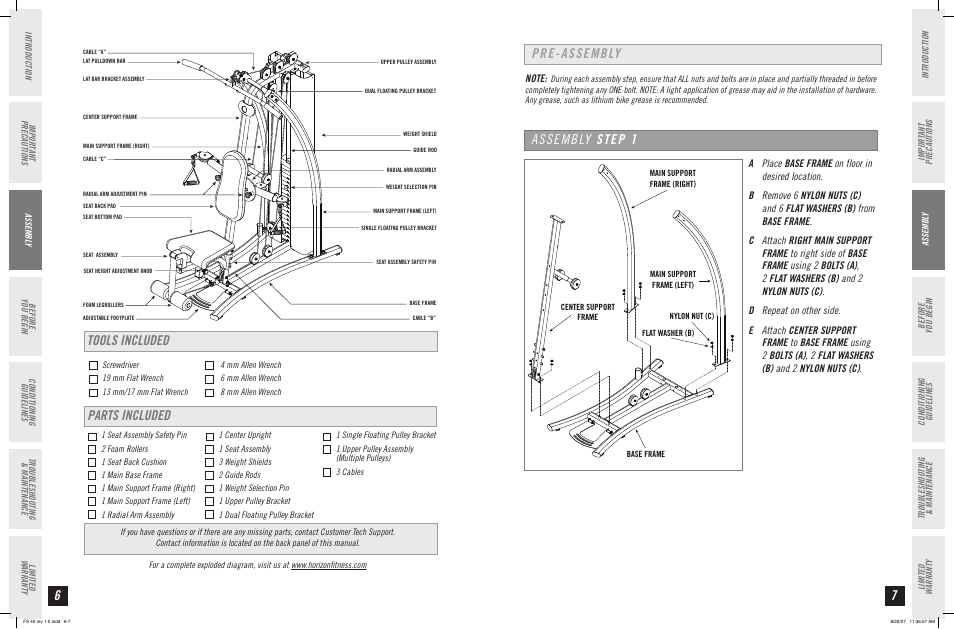 Tools included parts included, Pre-assembly assembly step 1 | Horizon Fitness FS 40 User Manual | Page 4 / 15