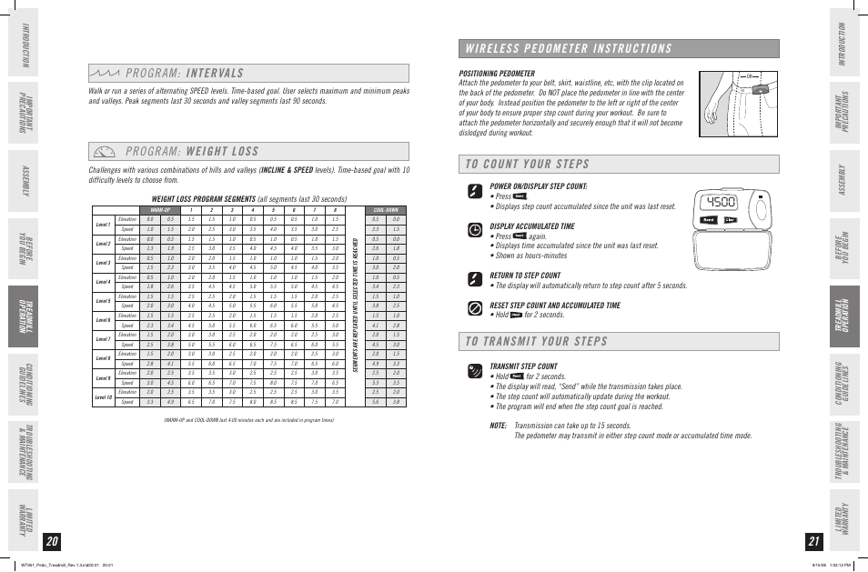 Wireless pedometer instructions, Program: weight loss, Program: intervals | Horizon Fitness WT951 User Manual | Page 11 / 19