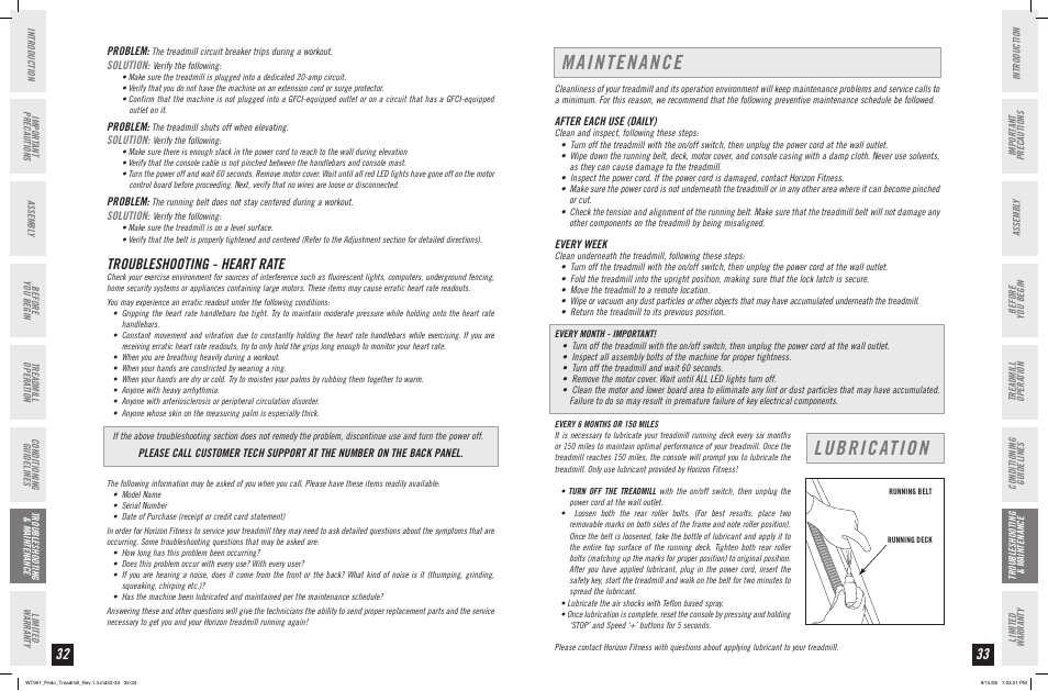 Maintenance, Lubrication, Troubleshooting - heart rate | Horizon Fitness WT951 User Manual | Page 17 / 19