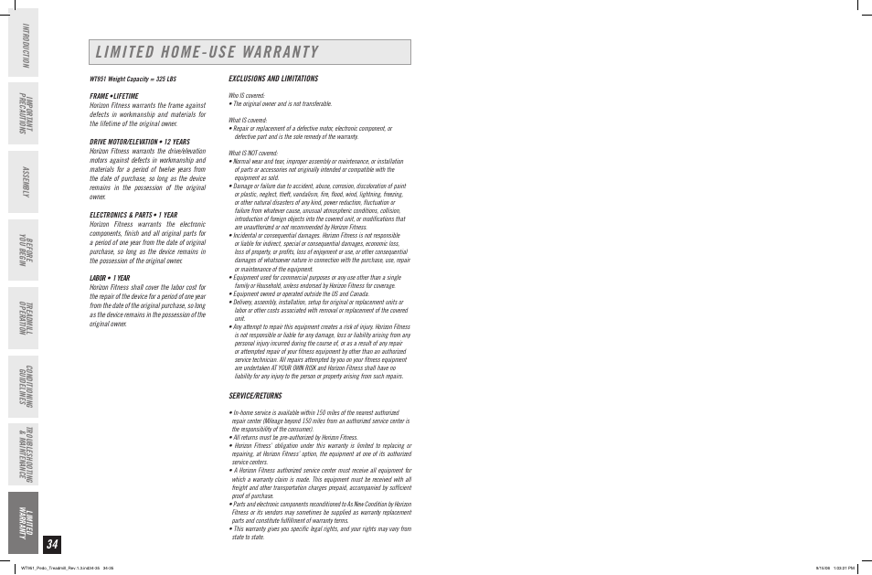 Limited home-use warranty | Horizon Fitness WT951 User Manual | Page 18 / 19