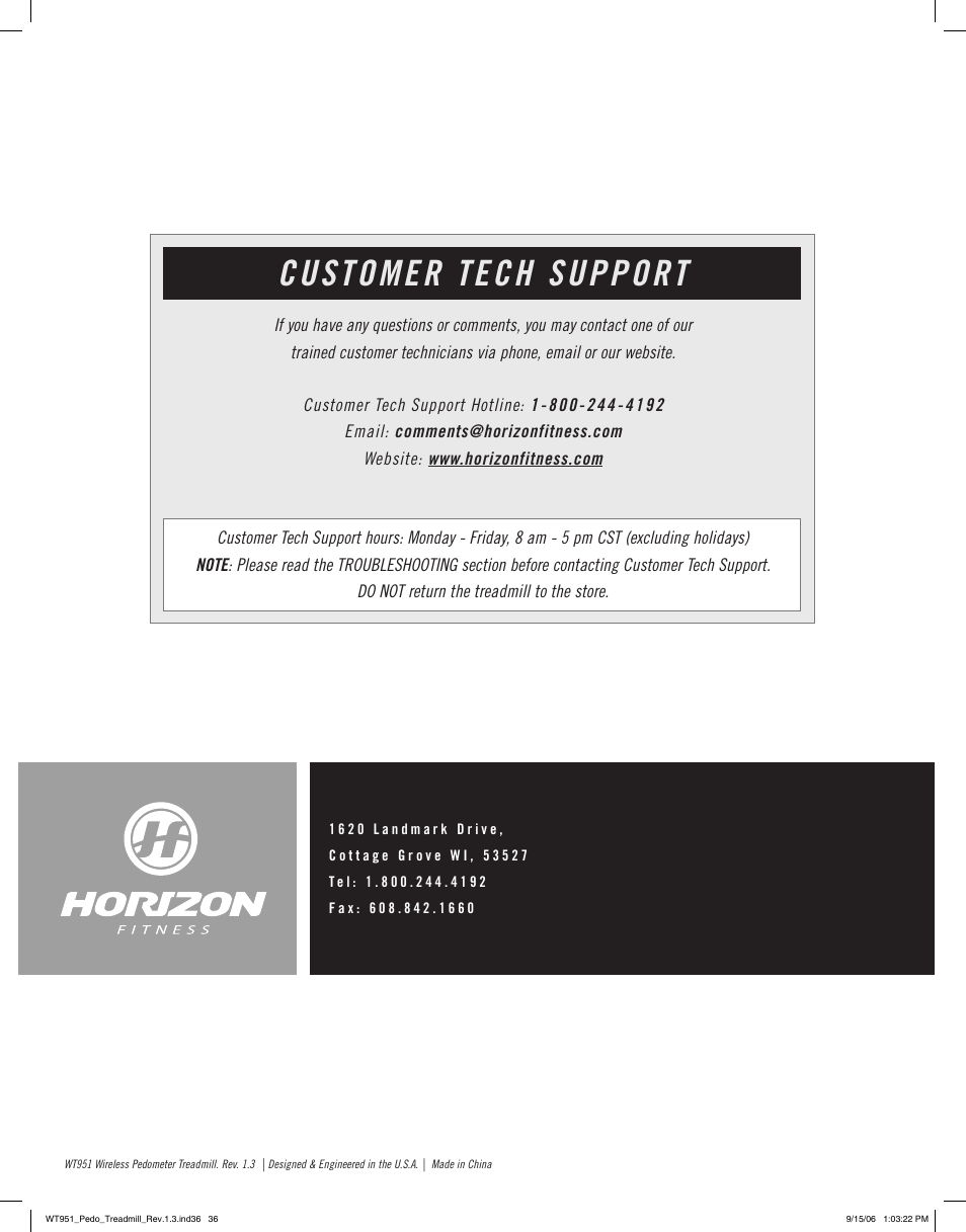 Customer tech support | Horizon Fitness WT951 User Manual | Page 19 / 19