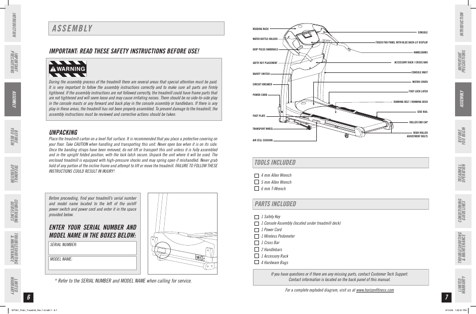 Assembly, Unpacking, Tools included | Parts included, Warning | Horizon Fitness WT951 User Manual | Page 4 / 19