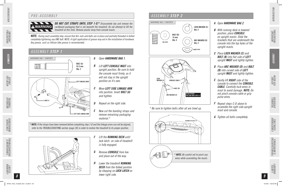 Assembly step 2, Pre-assembly, Assembly step 1 | Warning | Horizon Fitness WT951 User Manual | Page 5 / 19