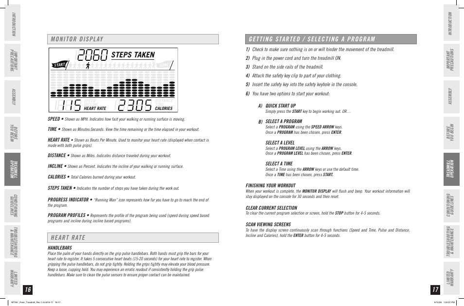 Getting started / selecting a program, Monitor display heart rate | Horizon Fitness WT951 User Manual | Page 9 / 19