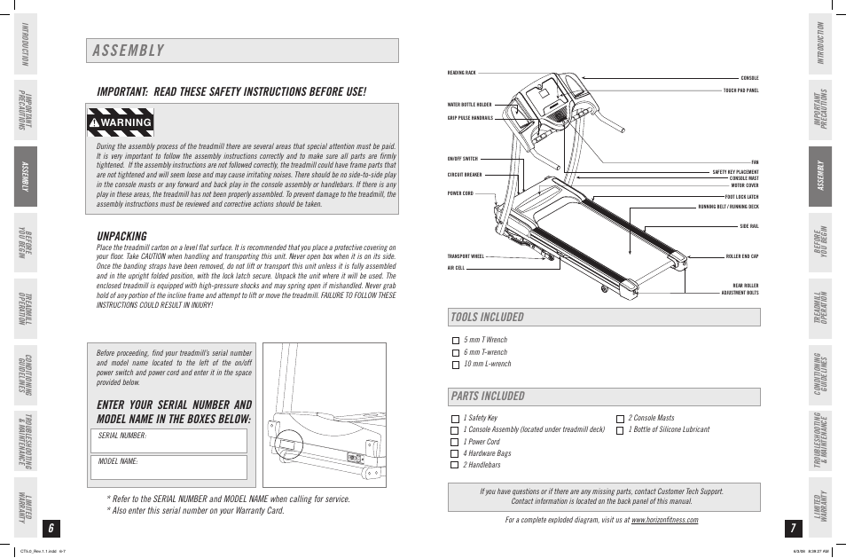 Assembly, Unpacking, Tools included parts included | Warning | Horizon Fitness CT5.0 User Manual | Page 4 / 17