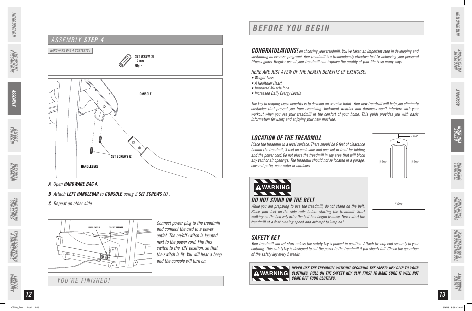 Before you begin, Location of the treadmill, Safety key | Assembly step, You’re finished, Do not stand on the belt, Warning | Horizon Fitness CT5.0 User Manual | Page 7 / 17