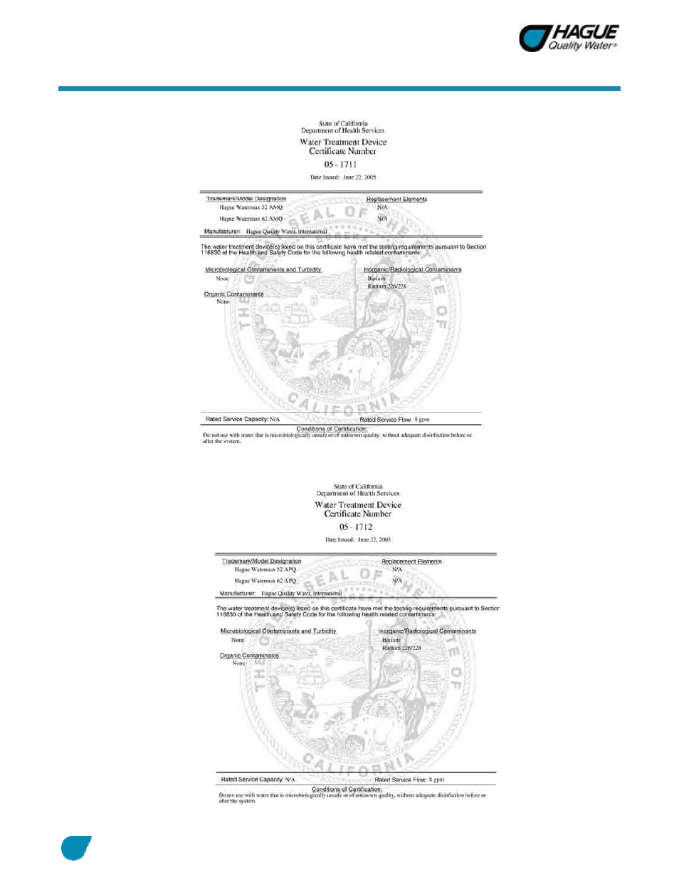 Certificates | Hague Quality Water Intl WATERMAX 60 SERIES User Manual | Page 47 / 52