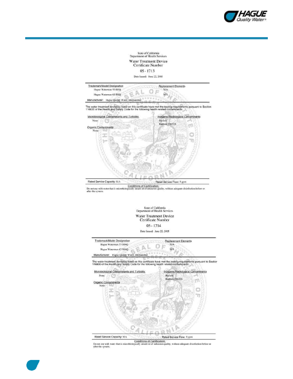Certificates, cont | Hague Quality Water Intl WATERMAX 60 SERIES User Manual | Page 48 / 52