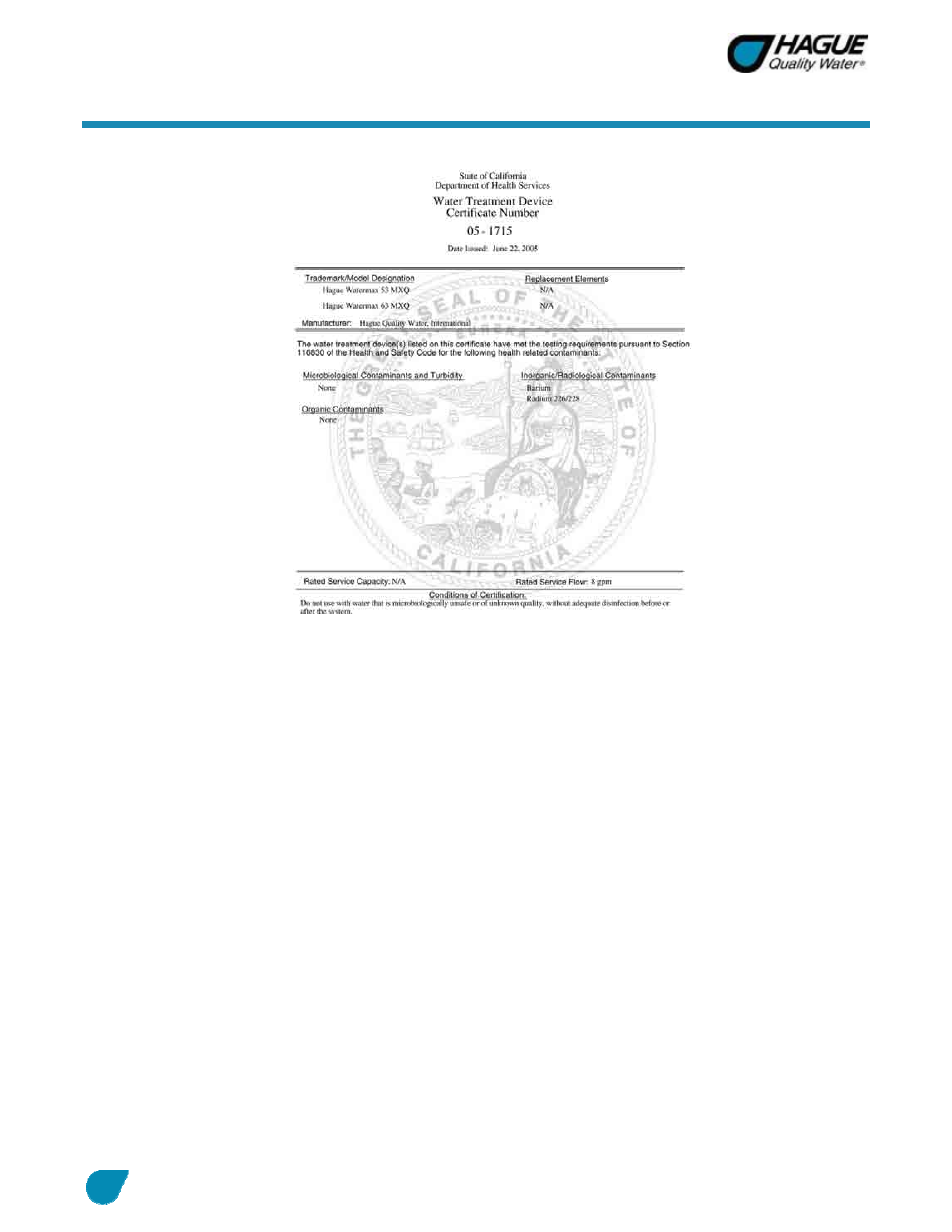 Certificates, cont | Hague Quality Water Intl WATERMAX 60 SERIES User Manual | Page 49 / 52