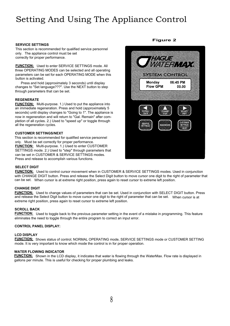 Setting and using the appliance control | Hague Quality Water Intl 63MAQ User Manual | Page 8 / 36