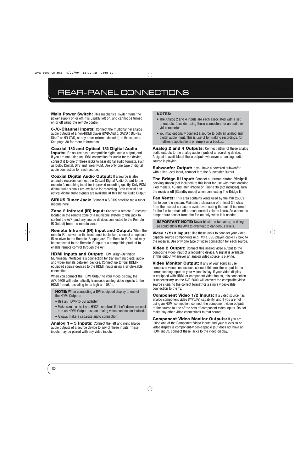 Rear - panel connections | Harman AVR 2600 User Manual | Page 10 / 63