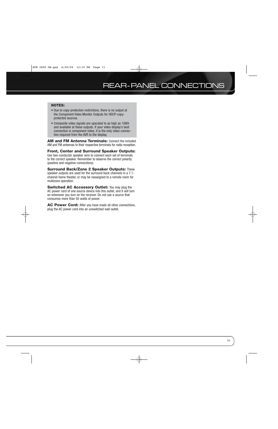 Rear - panel connections | Harman AVR 2600 User Manual | Page 11 / 63