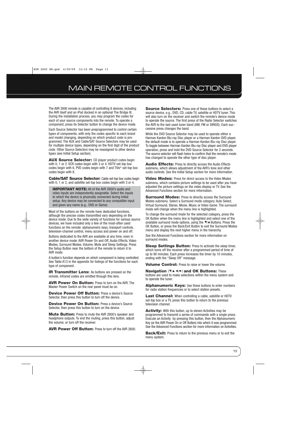 Main remote control functions | Harman AVR 2600 User Manual | Page 13 / 63