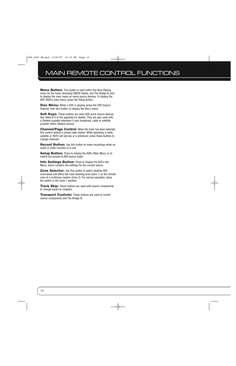 Main remote control functions | Harman AVR 2600 User Manual | Page 14 / 63