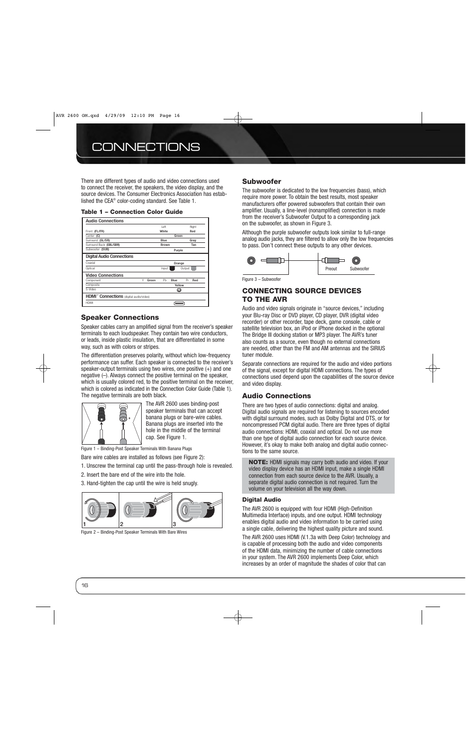 Connections, Speaker connections, Subwoofer | Connecting source devices to the avr, Audio connections | Harman AVR 2600 User Manual | Page 16 / 63