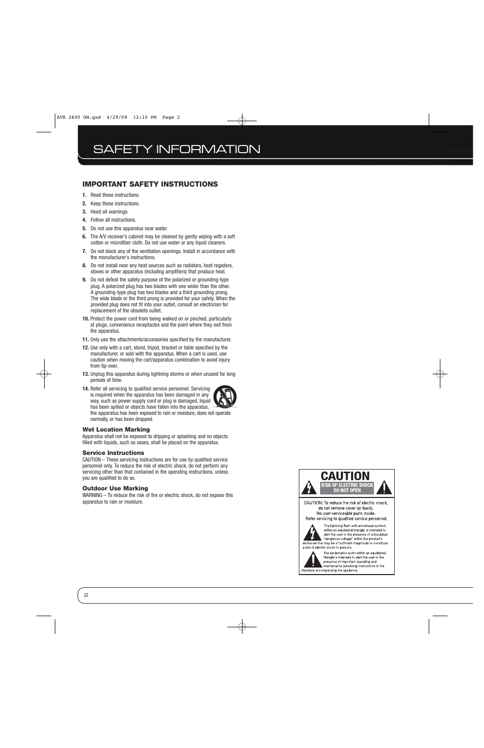 Safety information | Harman AVR 2600 User Manual | Page 2 / 63