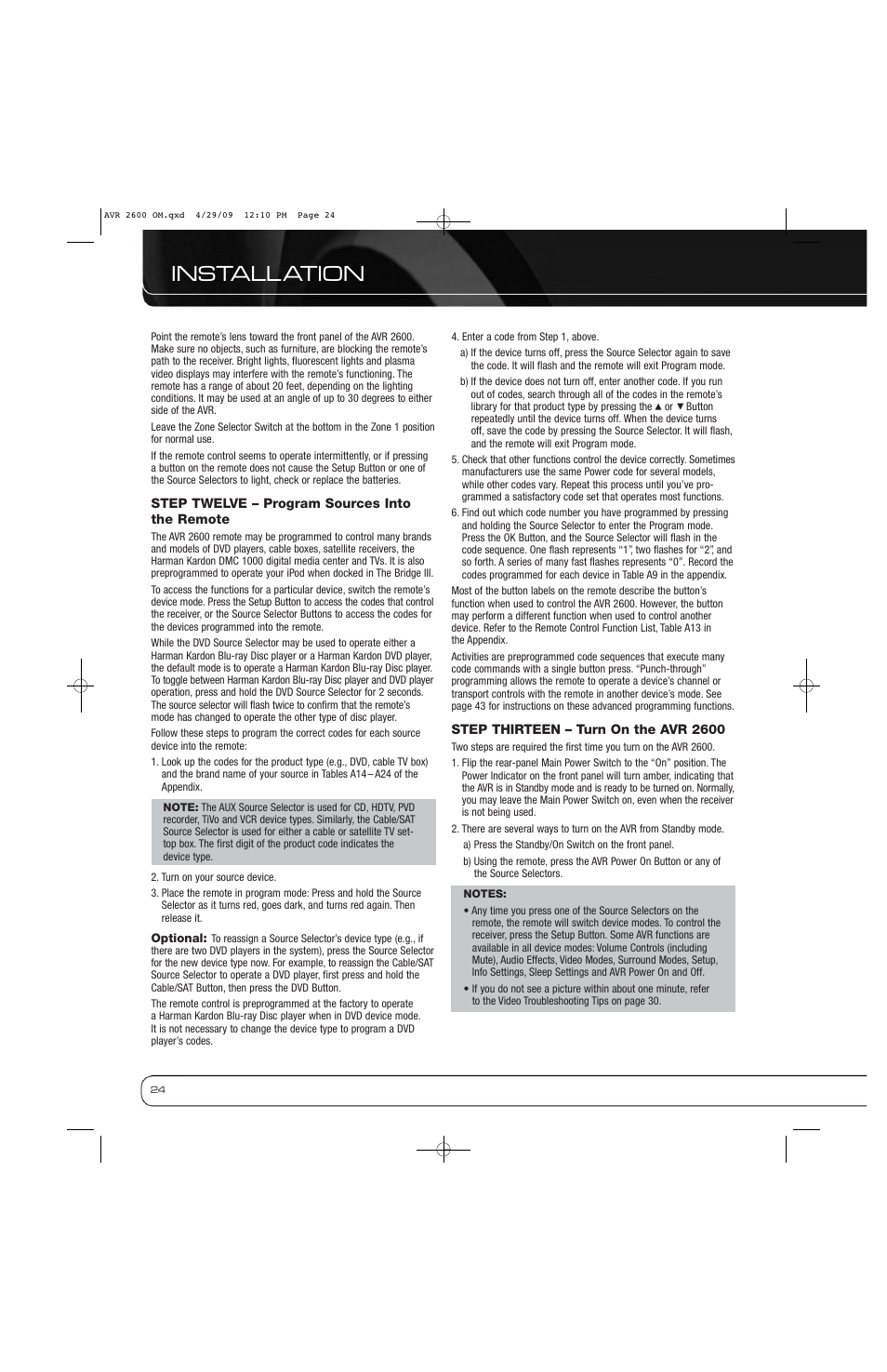 Installation | Harman AVR 2600 User Manual | Page 24 / 63