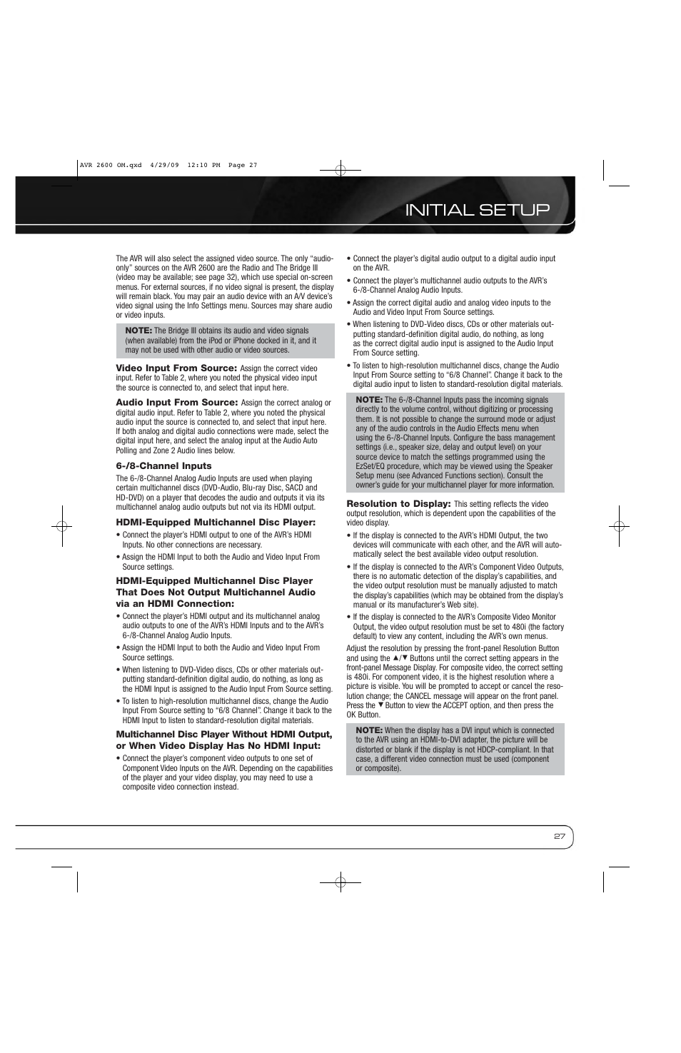 Initial setup | Harman AVR 2600 User Manual | Page 27 / 63