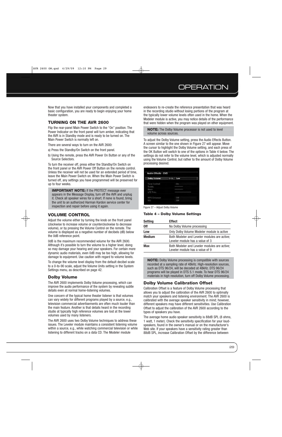 Operation | Harman AVR 2600 User Manual | Page 29 / 63
