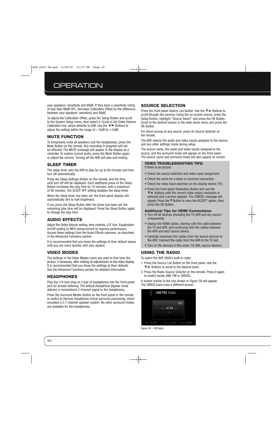 Operation | Harman AVR 2600 User Manual | Page 30 / 63