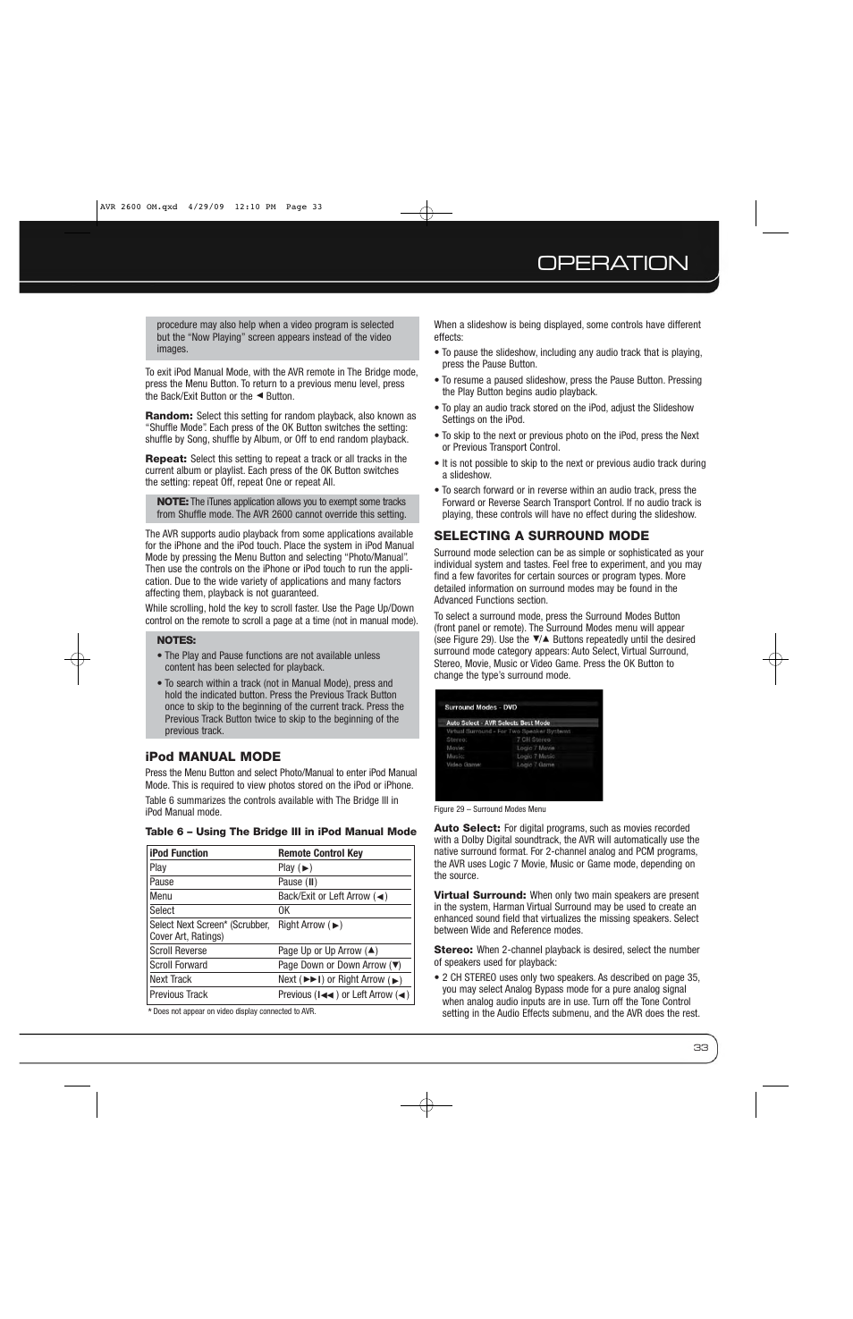 Operation | Harman AVR 2600 User Manual | Page 33 / 63